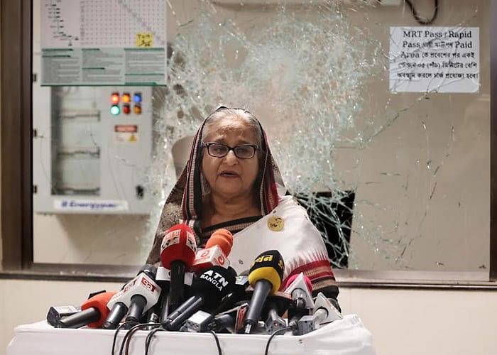 Prime minister Sheikh Hasina is speaking to newsmen after visiting vandalised Mirpur-10 Metro rail Station on Thursday.